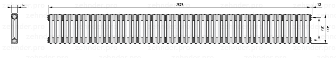 Схема (чертеж) Радиатор Zehnder Charleston 2040/56 №7610 Белый глянцевый RAL 9016